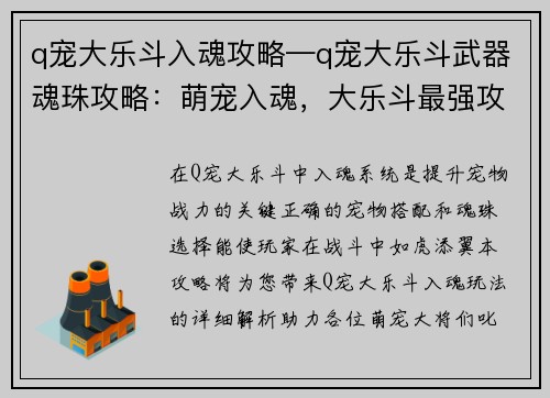 q宠大乐斗入魂攻略—q宠大乐斗武器魂珠攻略：萌宠入魂，大乐斗最强攻略大全